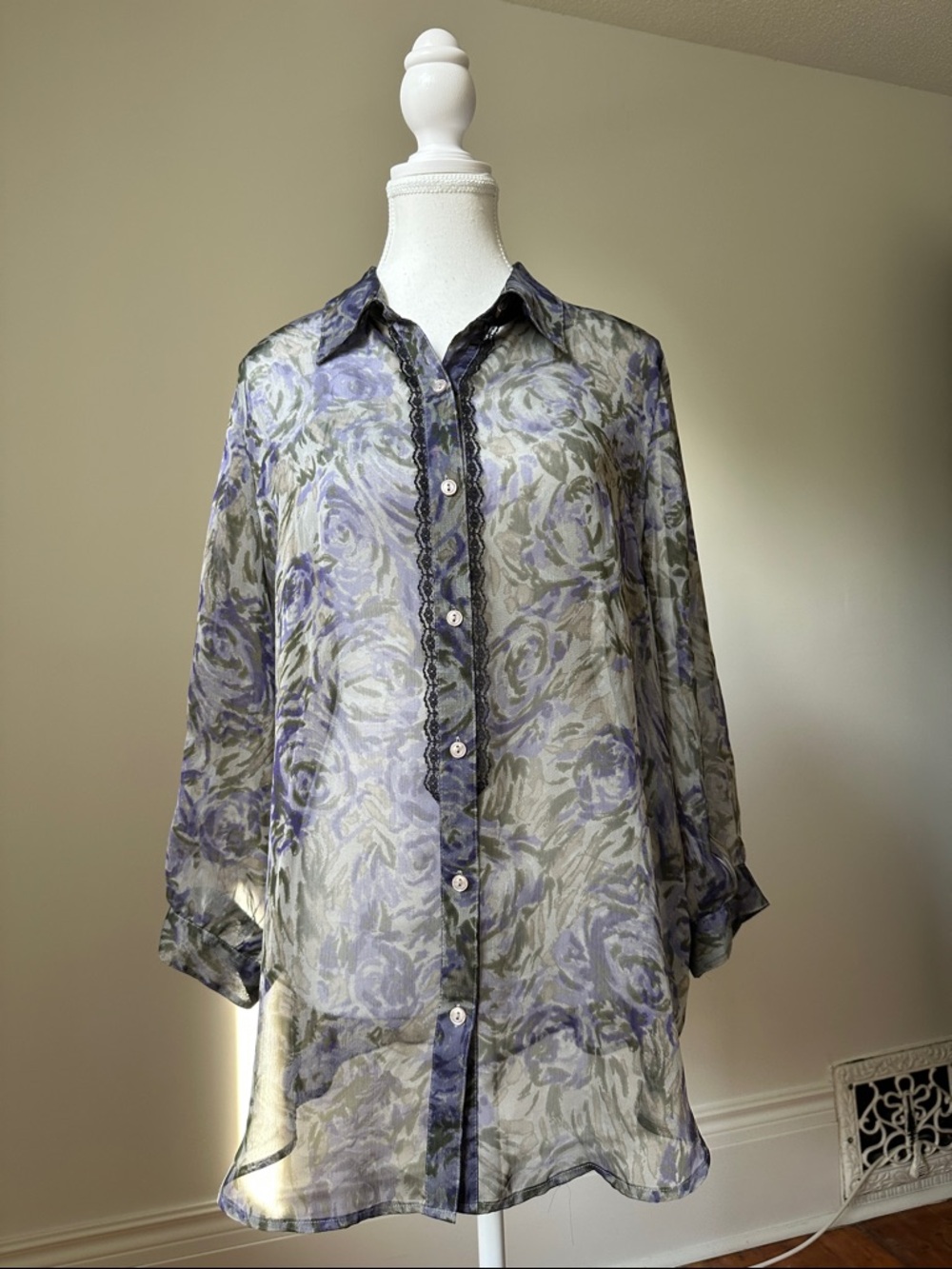 QUINTESSENTIAL Sheer Floral Y2K Whimsygoth Romantic Lace Trim Blouse Large